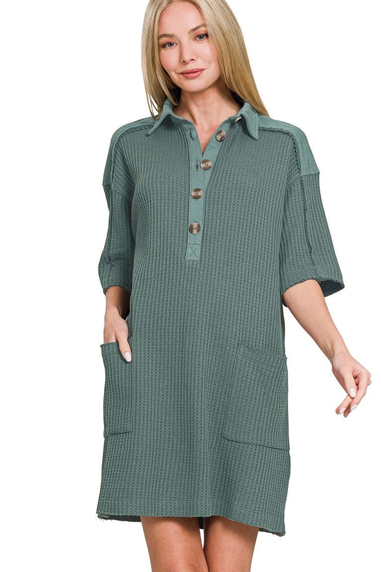 Ash Jade Pocketed Waffle Dress with half-button front, French-terry trim, and convenient side pockets.