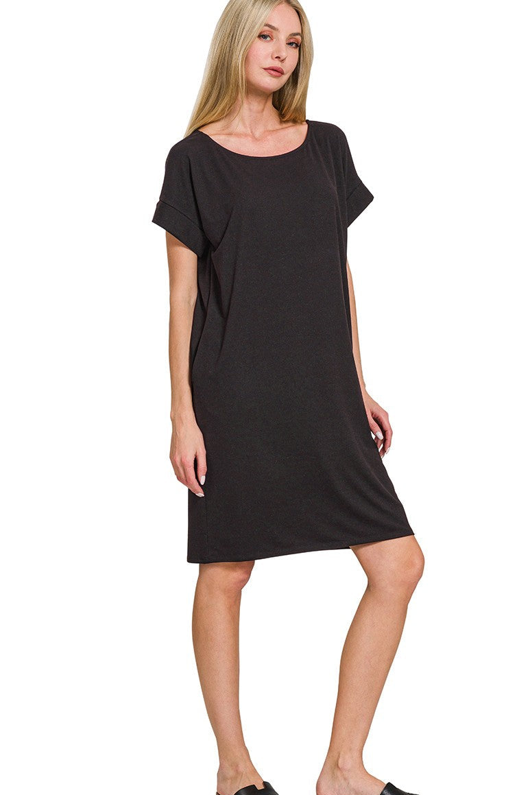 Black Rolled Sleeve Dress with round neck and soft, stretchy fit for versatile everyday wear.