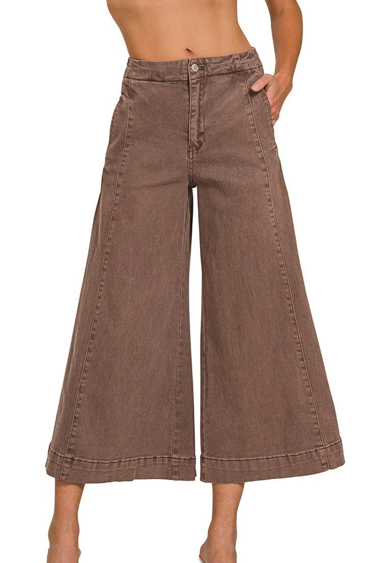 Mahogany high-rise cropped gaucho denim jeans.