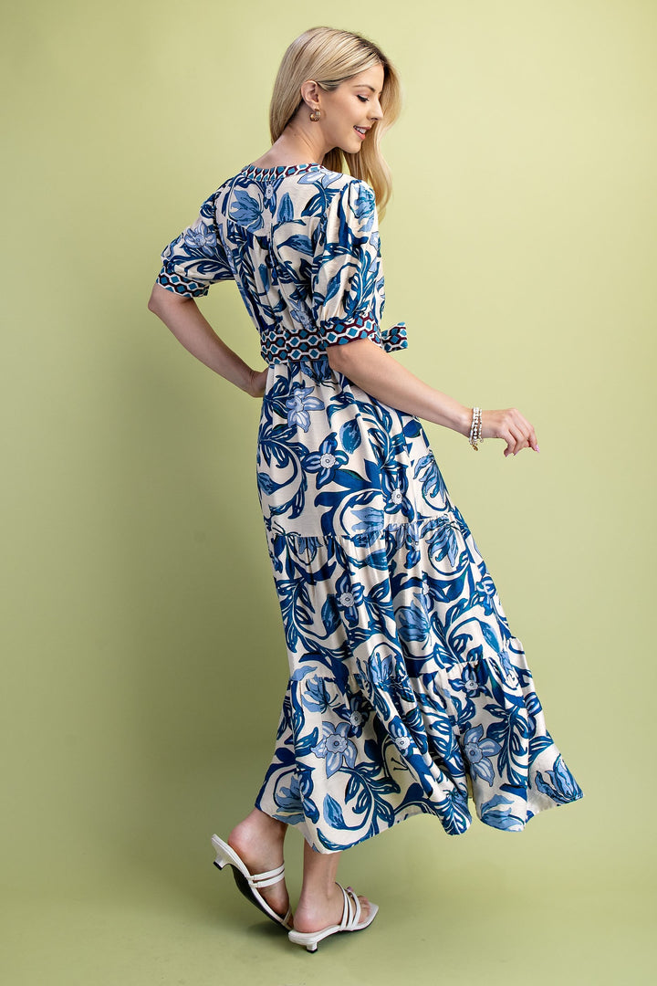 Blue Floral Print Tiered Dress
