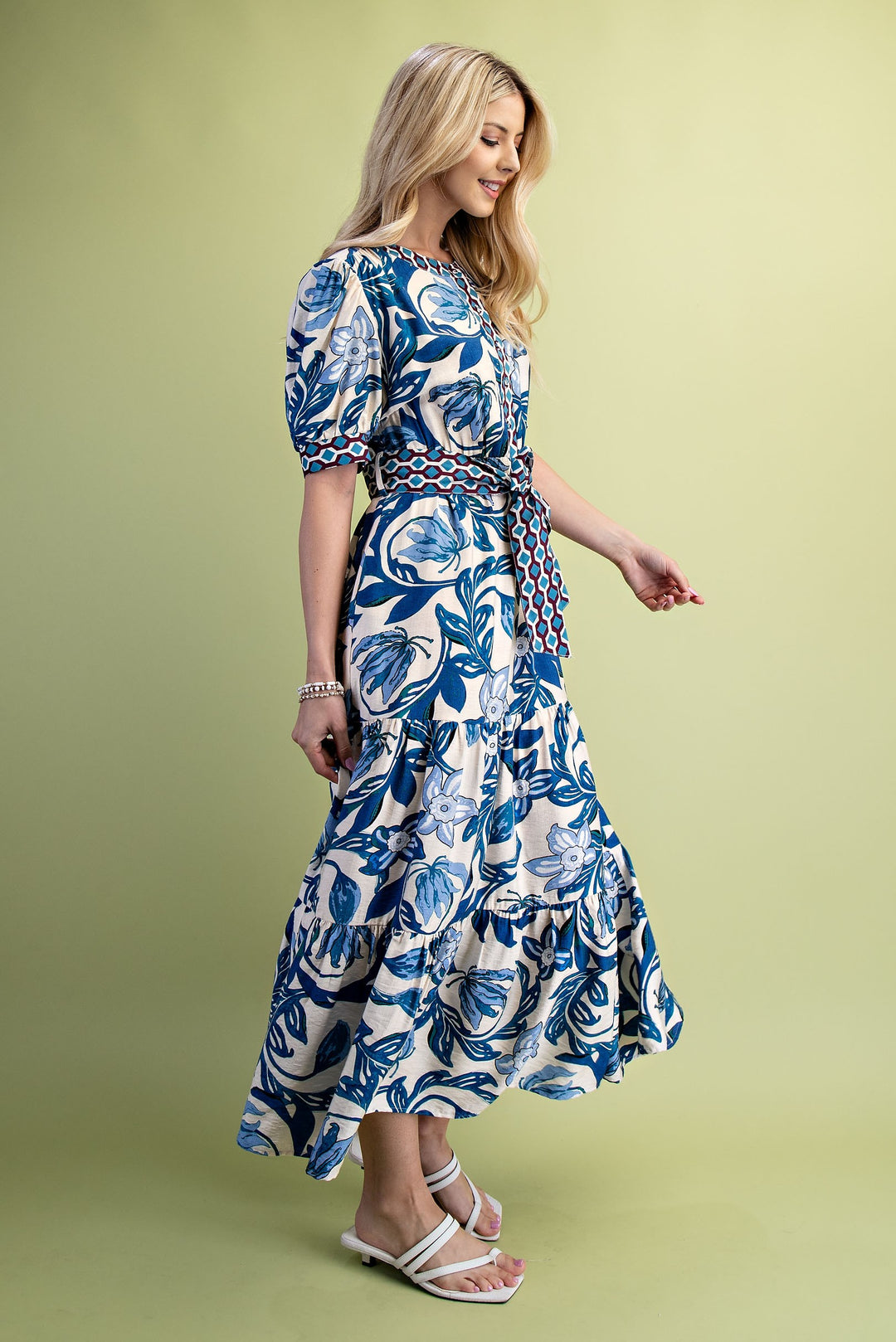Blue Floral Print Tiered Dress