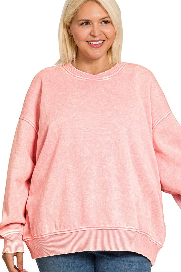 Plus-size dark pink acid wash oversized fleece pullover with balloon sleeves and overlap neckband.