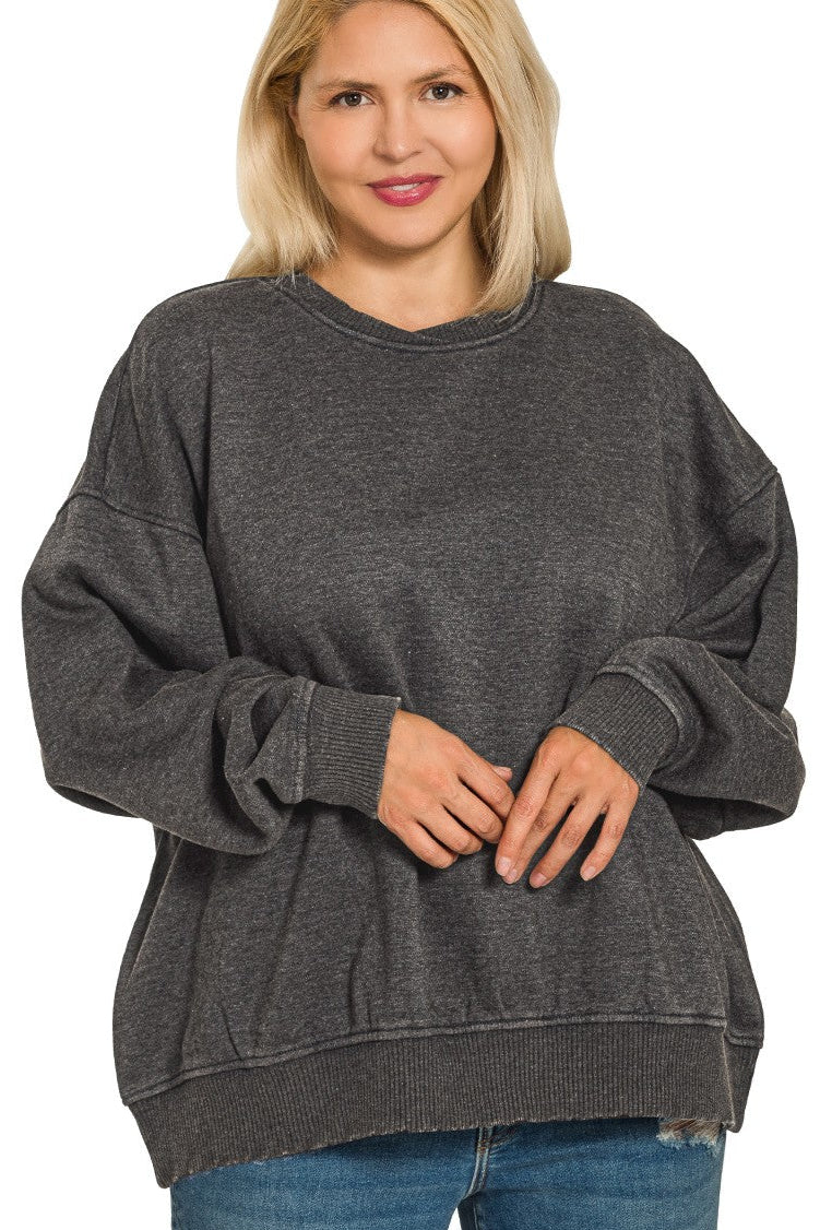 Acid washed oversized black sweatshirt with neck overlay.