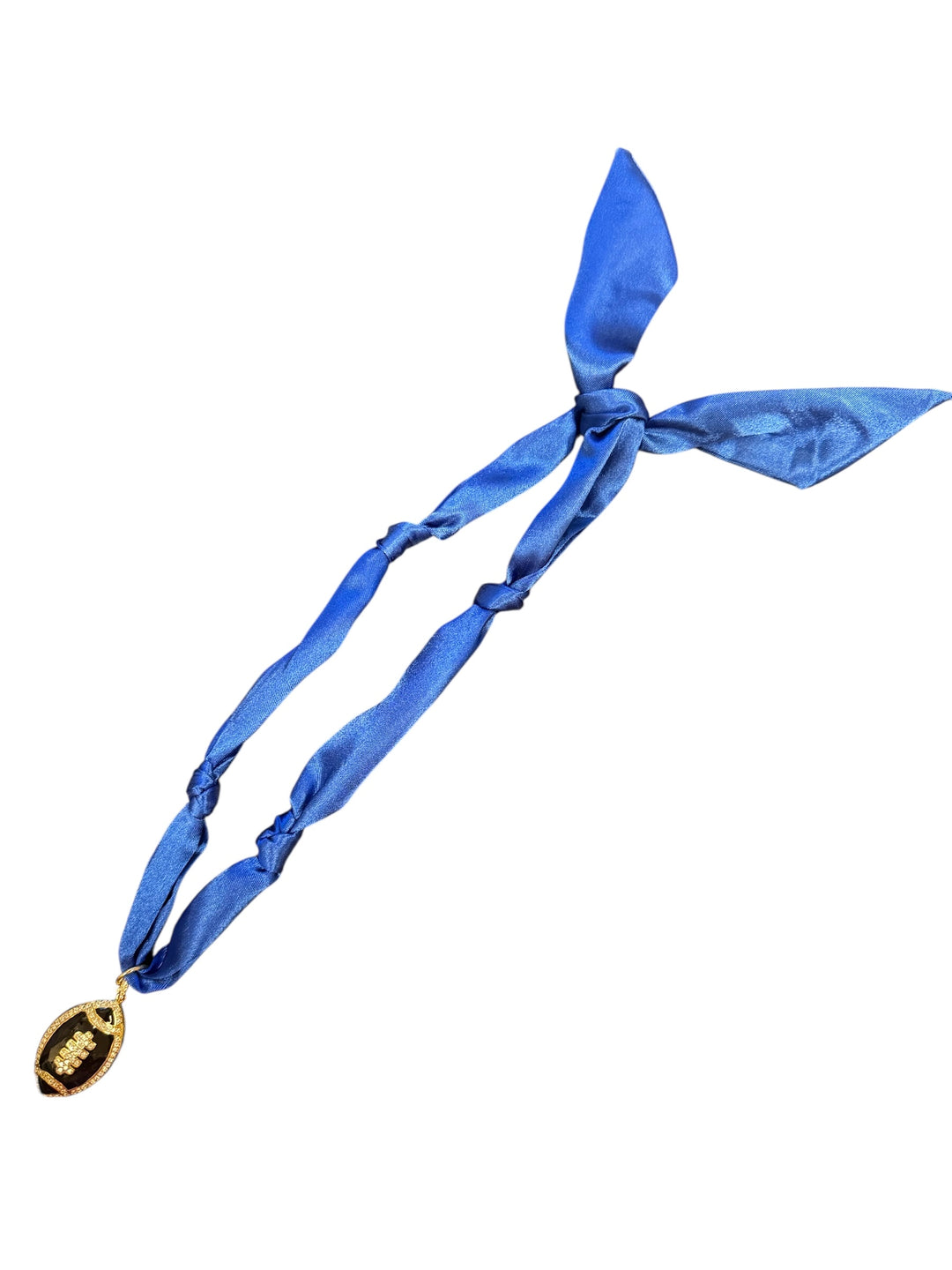 Royal blue scarf necklace with football charm.