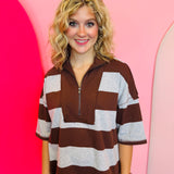 Brown Striped Half-Zip Set