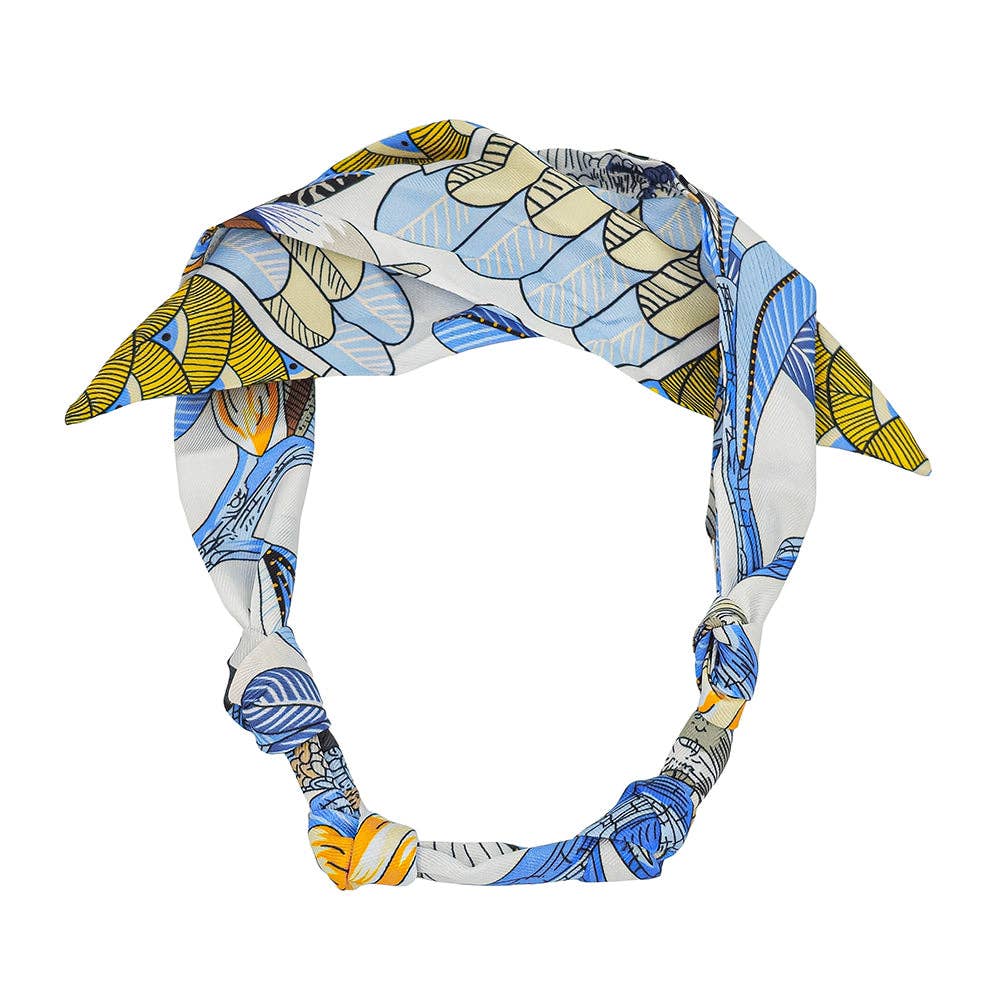 White and blue knotted scarf necklace, customizable with charms.