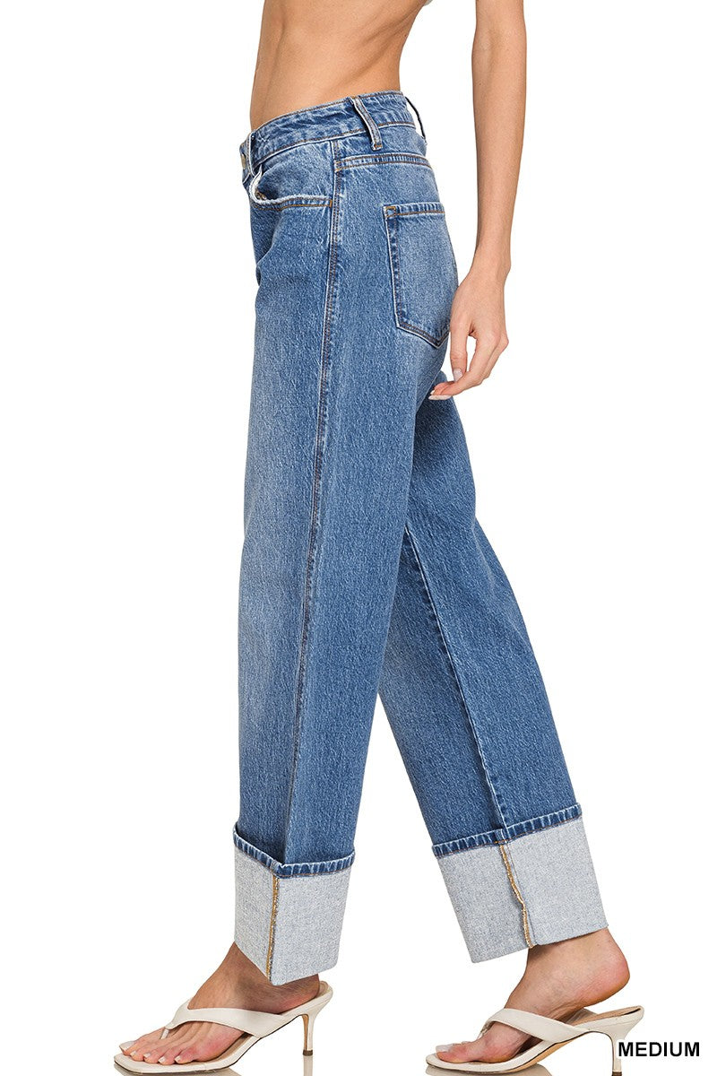 Zenana High Rise Cuffed Wide Leg Denim Jeans