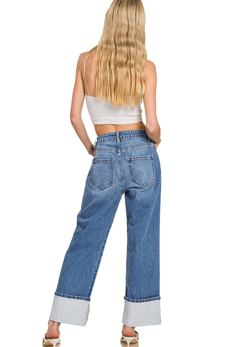 Zenana High Rise Cuffed Wide Leg Denim Jeans