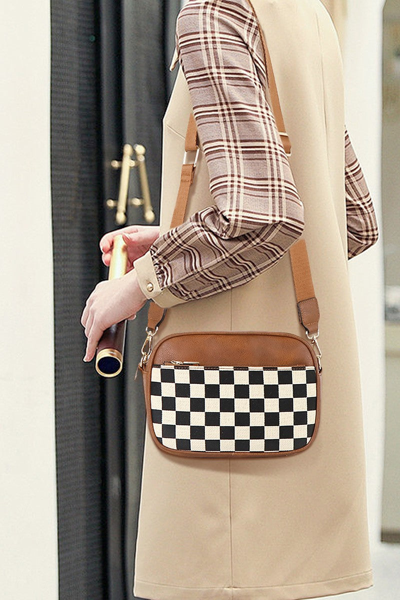 Camel Checkered Crossbody Bag in soft vegan leather with adjustable strap and secure zipper closure