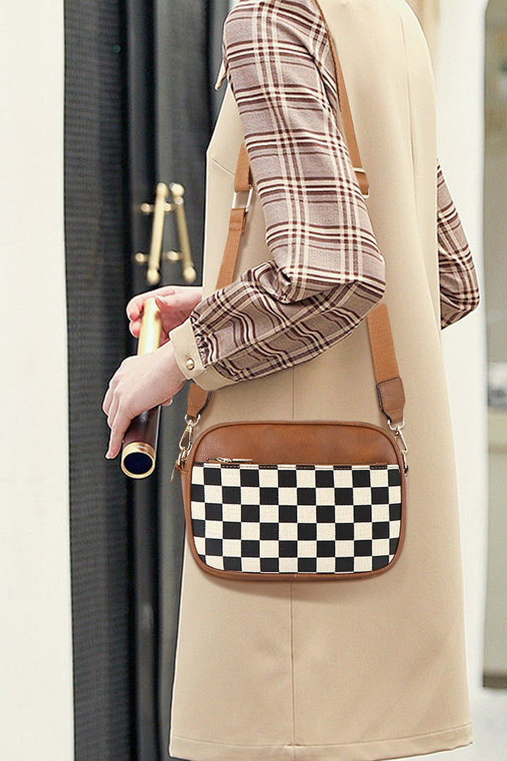 Camel Checkered Crossbody Bag in soft vegan leather with adjustable strap and secure zipper closure