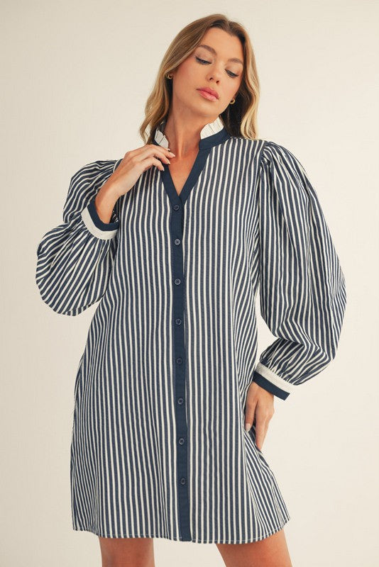 Ruffle Neck Striped Dress