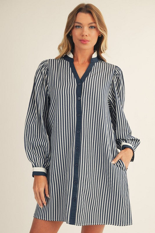 A black and white striped, button-down shift dress. The dress has a ruffled collar, long puff sleeves with black and white cuffs, and side pockets.