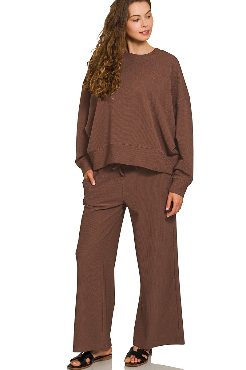 Brown ribbed pullover pant set