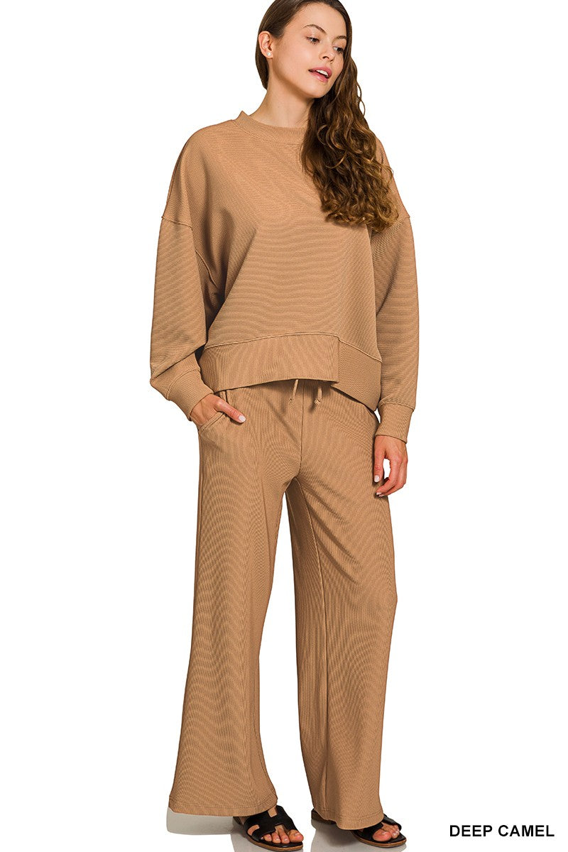 Deep camel ribbed dolman style top with matching elastic waistband pants.