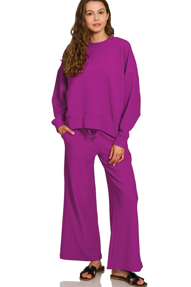 Lt. plum ribbed pullover pant set.