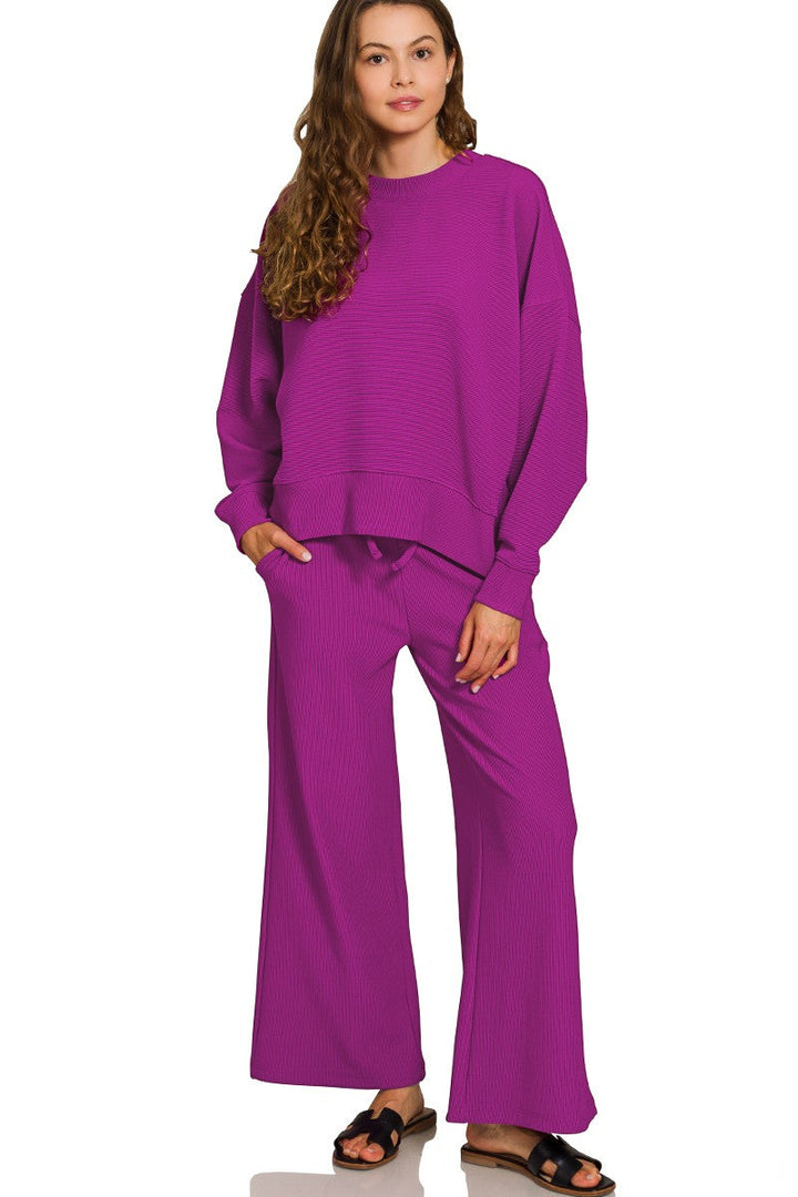 Lt. plum ribbed pullover pant set.