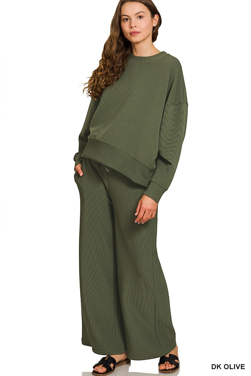 Dark olive ribbed dolman style top with elastic waist matching pants