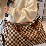 Camel Checkered Canvas Weekender Duffle Bag with waterproof design, side shoe compartment, and adjustable strap