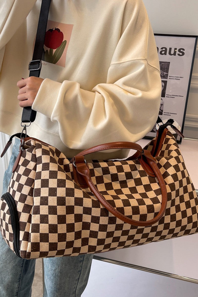 Camel Checkered Canvas Weekender Duffle Bag with waterproof design, side shoe compartment, and adjustable strap