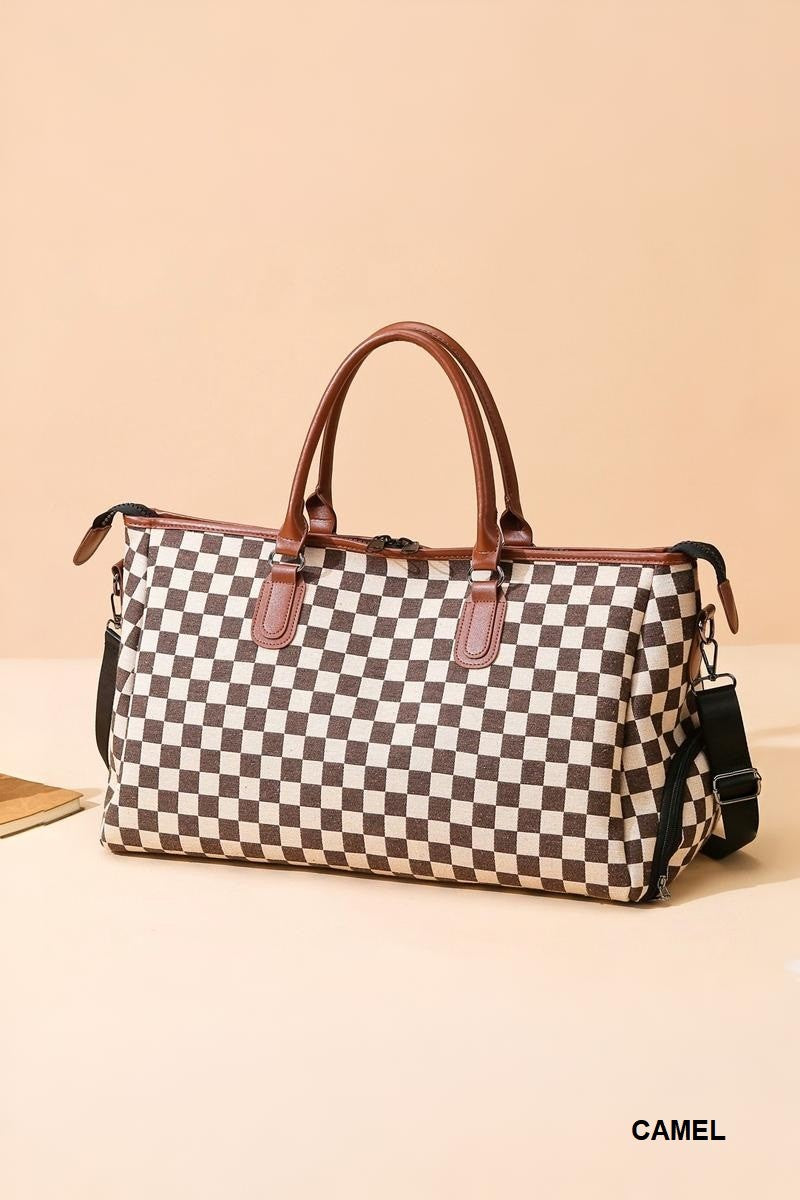 Camel Checkered Canvas Weekender Duffle Bag