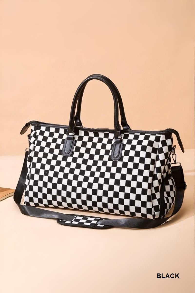 Black Checkered Canvas Weekender Duffle Bag
