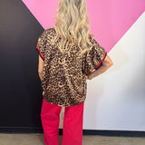 Leopard Contrast Trim V-Neck Top