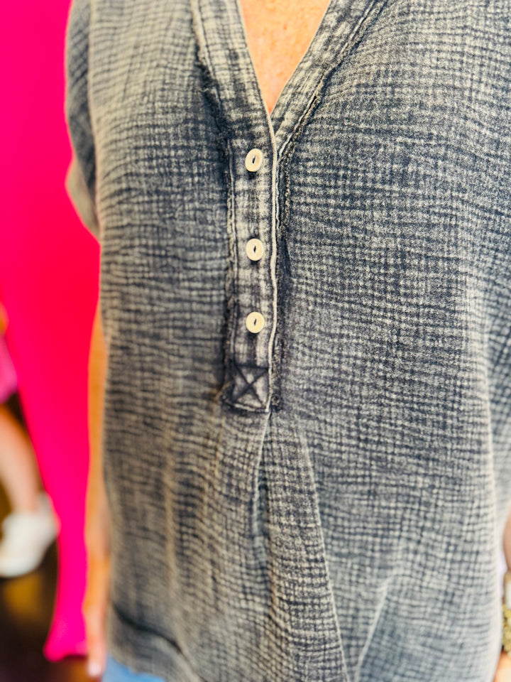 Ash Black Gauze Henley Neck Top