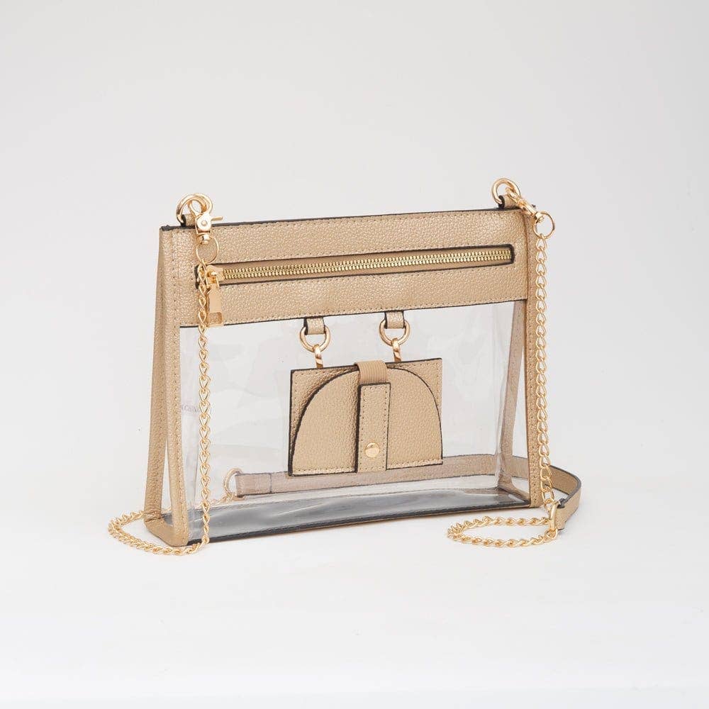 Clear crossbody bag with shimmering gold trim and matching hardware, featuring a detachable sunglasses holder—elegant and event-ready.