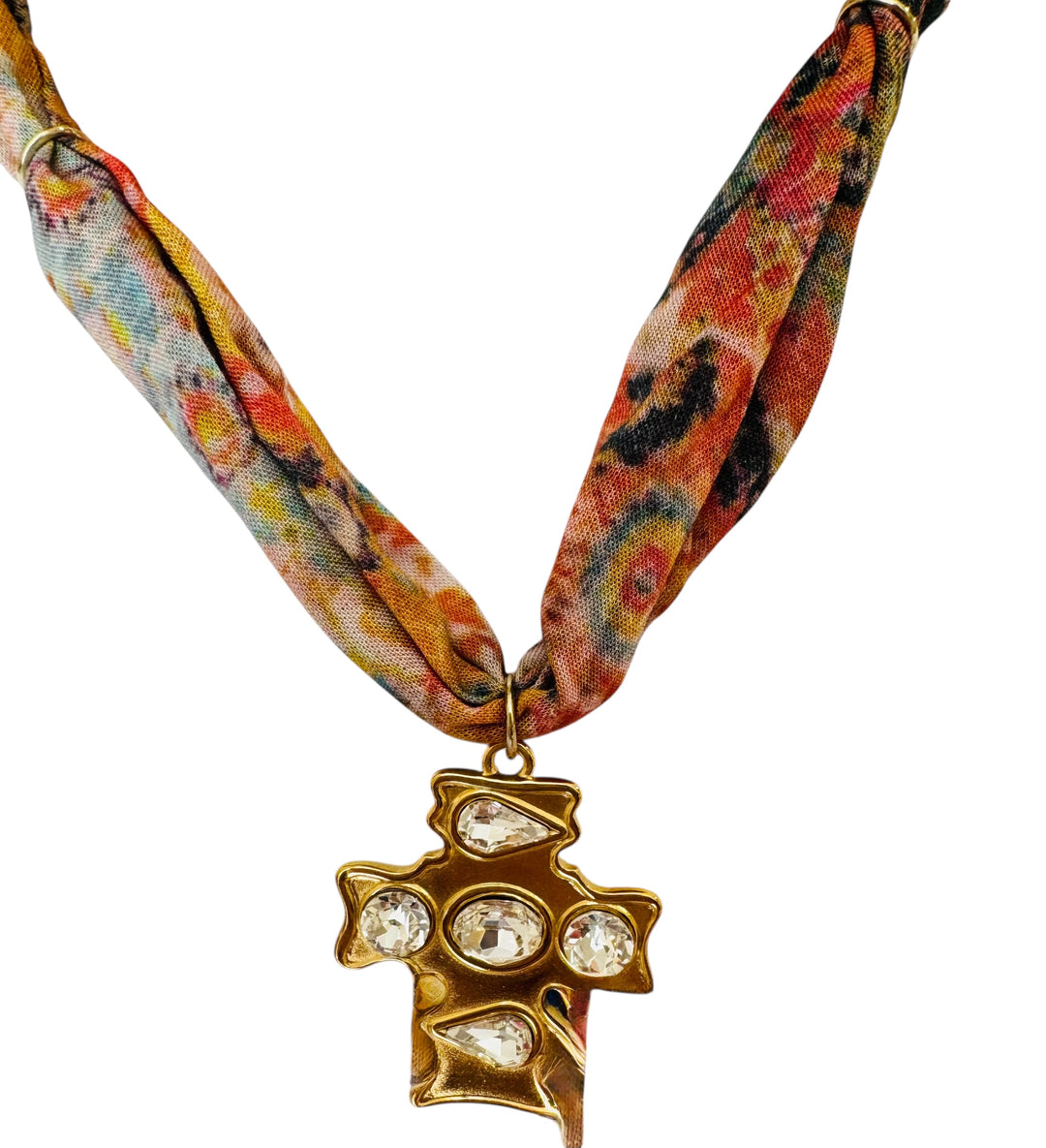 Vintage Scarf Gold Cross Charm Necklace