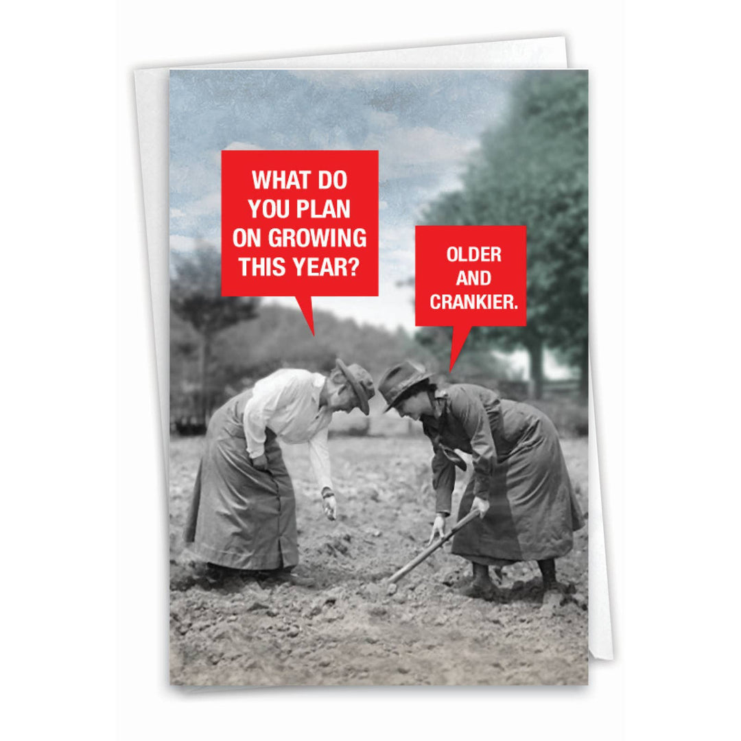 A vintage-style birthday card with the funny phrase, "growing older and crankier."
