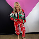 Queen Of Sparkles Multi Colorblock Polka Dot Christmas Icon Collar Sweater