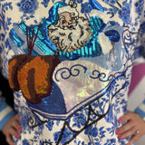 Queen Of Sparkles Blue & White Floral Vintage Santa Sweatshirt
