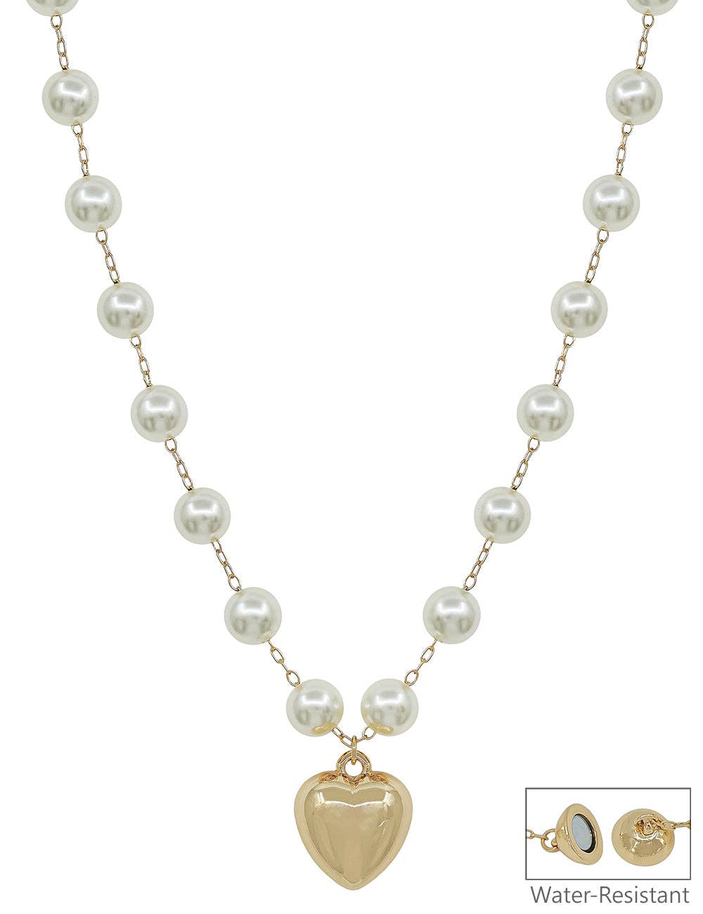Water-resistant 10MM pearl necklace with puffy heart pendant, adjustable 16"–18".