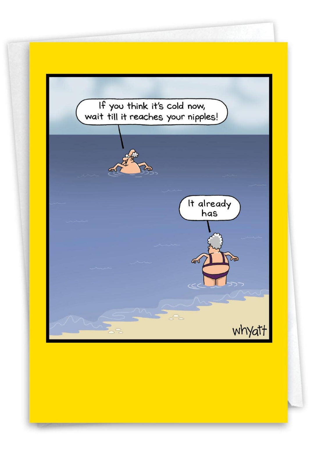 A vintage-style funny birthday card with a joke about nipples and cold weather.