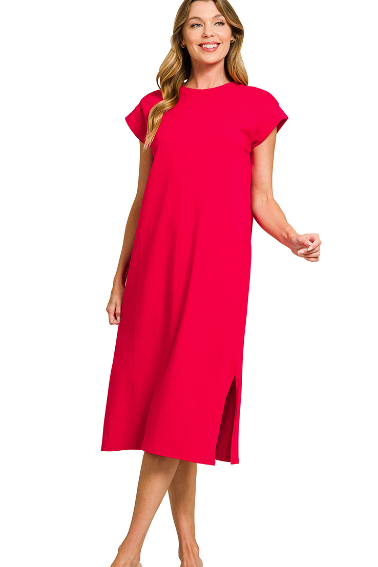 A solid red, short-sleeve midi dress with a round neckline. The dress is a soft, stretchy material with a side slit, and the length hits at mid-calf.