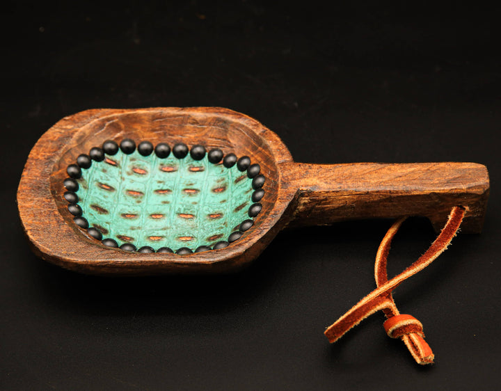 Beaded Wooden Scoop with Embossed Leather and Cowhide