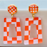 Checkered Acrylic Dangle Earrings - Orange/White
