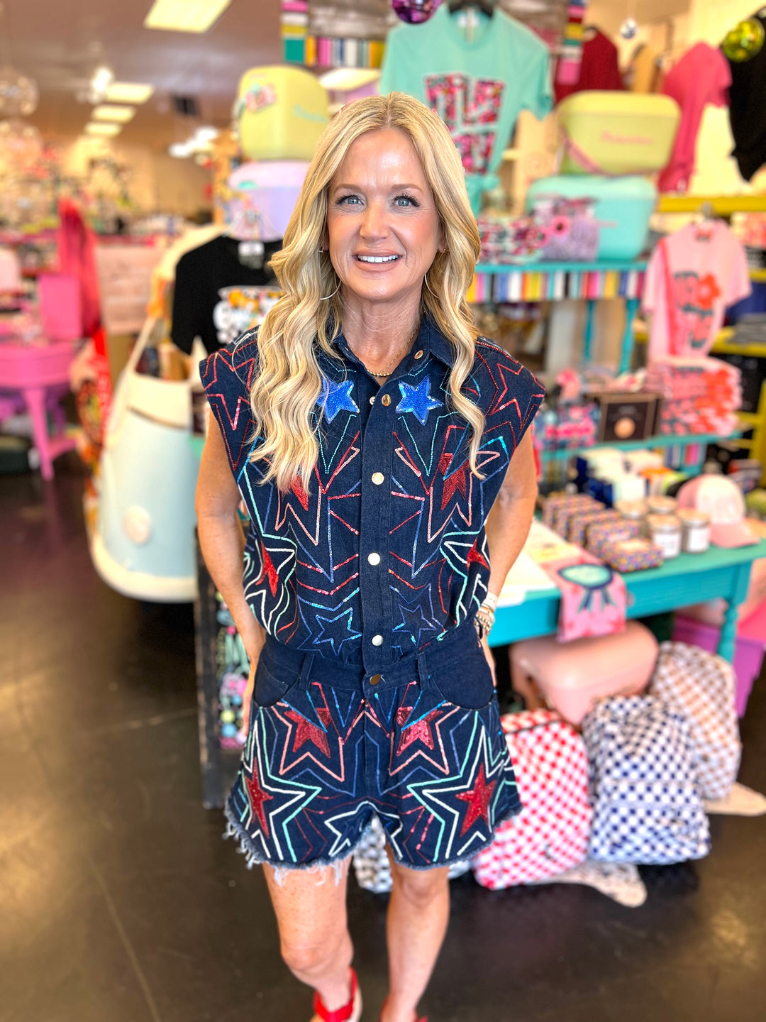 Queen Of Sparkles Denim Groovy Star Romper