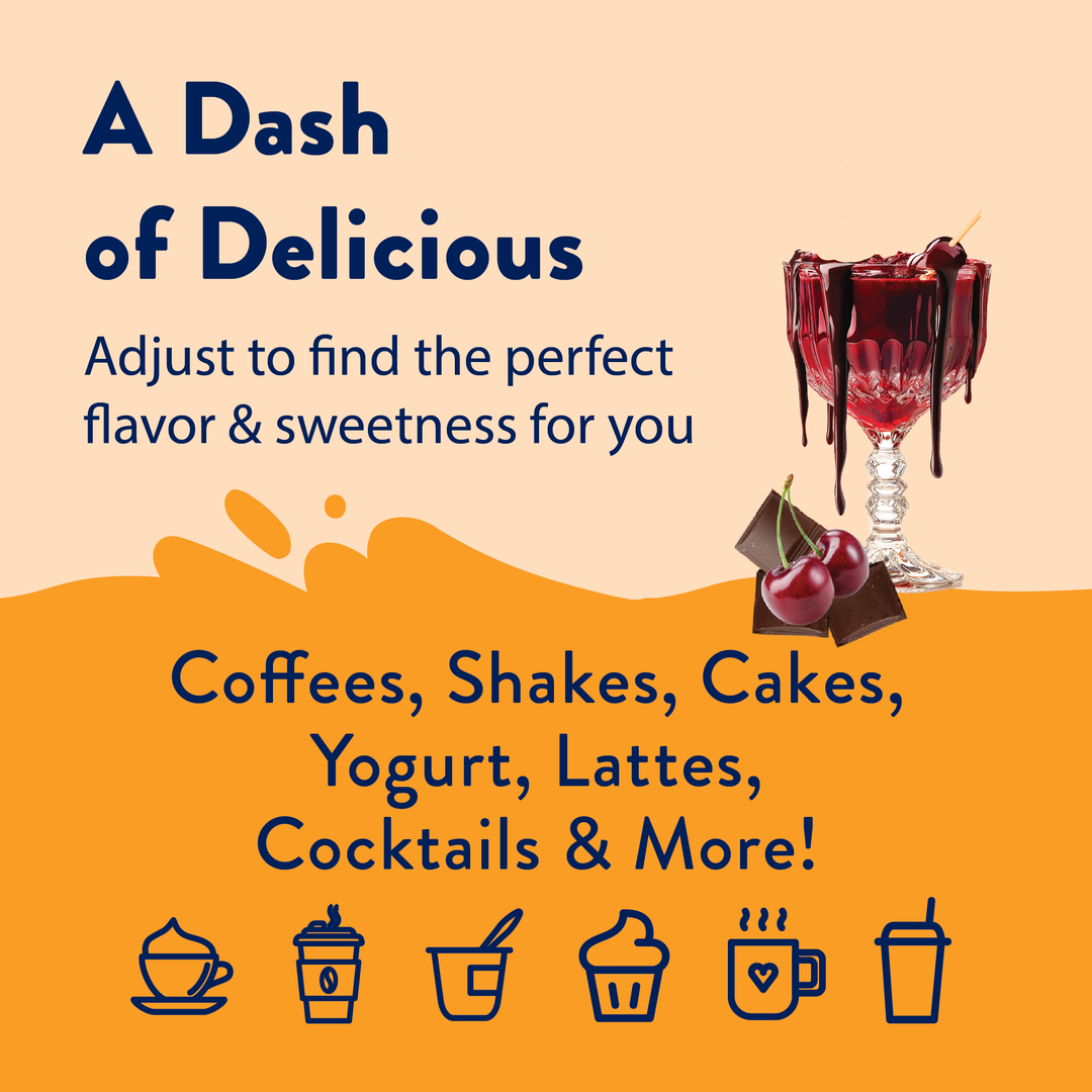 Ideas for Skinny Mixes Vampire Kiss syrup, sugar-free black cherry and chocolate flavor, 0 calories, 0 sugar.