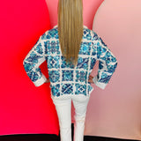 Queen Of Sparkles White & Blue Italian Tiles Tie Collar Long Sleeve Cotton Top