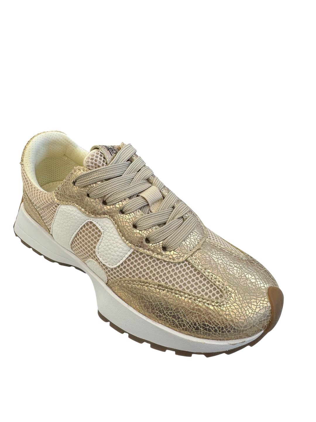 Gold cracked metallic sneakers with leather upper, lace-up front, and cushioned sole