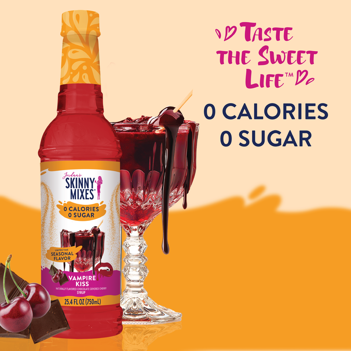 Skinny Mixes Vampire Kiss syrup bottle, sugar-free black cherry and chocolate flavor, 0 calories, 0 sugar.