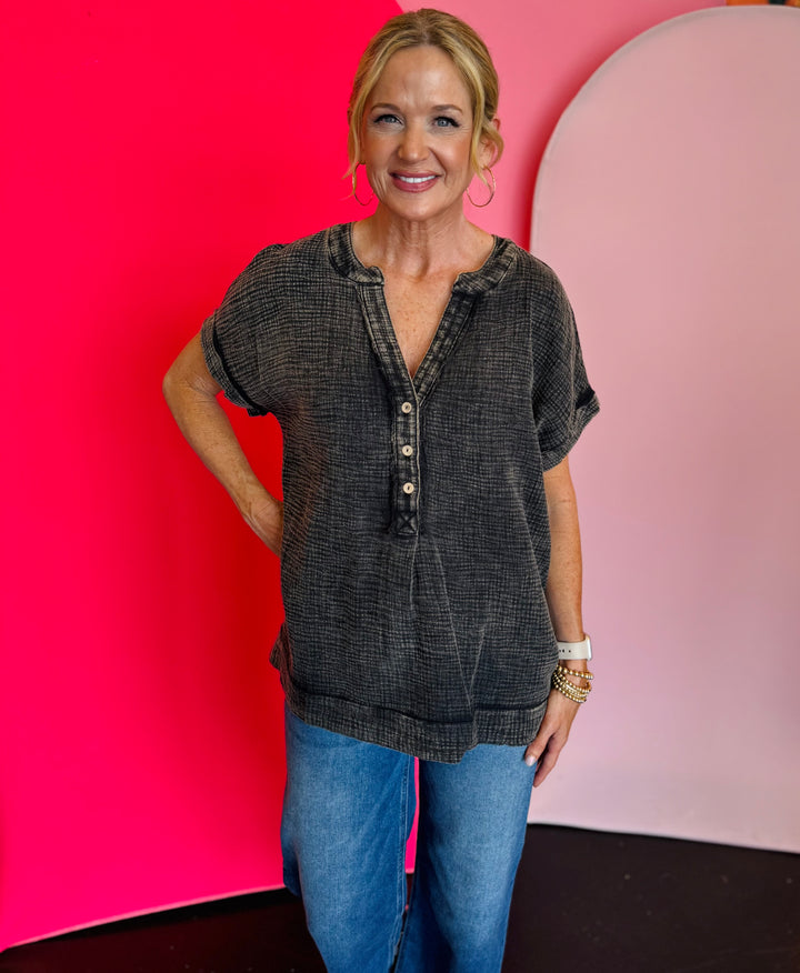 Ash Black Gauze Henley Neck Top