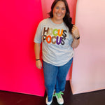 Athletic grey Bella + Canvas tee with Hocus Pocus appliqué design