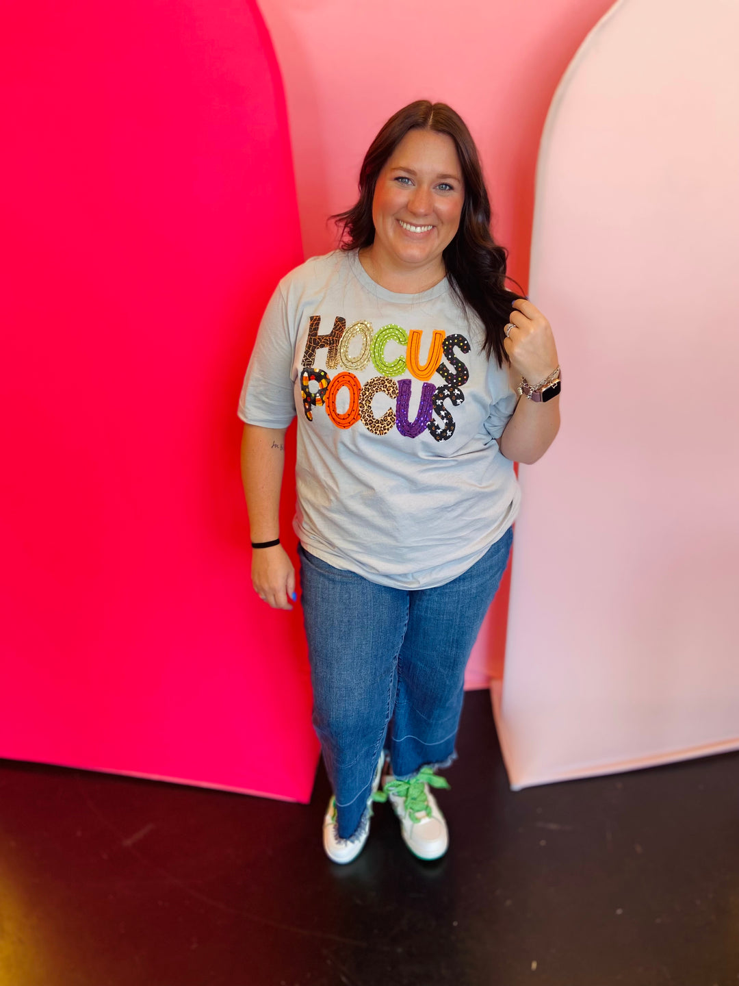 Athletic grey Bella + Canvas tee with Hocus Pocus appliqué design