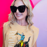 Front view of the Hey Cowgirl Cap Sleeve Tee in wheat color featuring bold cowboy-themed graphics for a trendy Western-inspired look