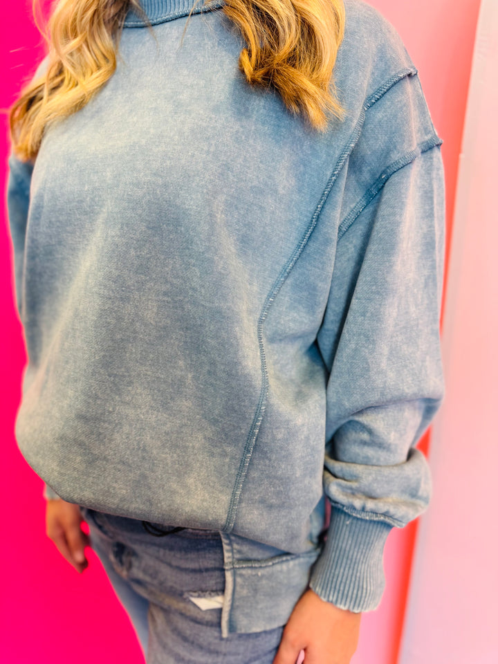 Blue Grey Acid Wash Fleece Sweatshirt