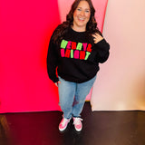 Black sweatshirt with chenille “Merry & Bright” letters, cozy fit, and festive holiday style.
