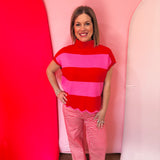 Red & Pink Stripe Mock Neck Sweater