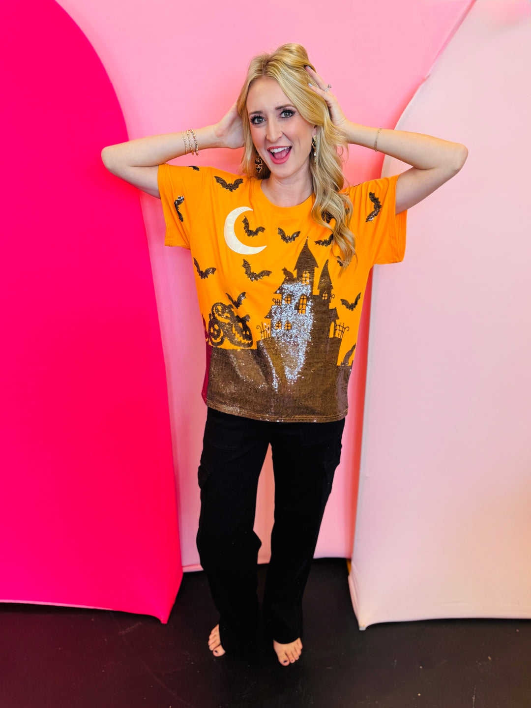 Queen Of Sparkles Orange & Black Halloween House Tee